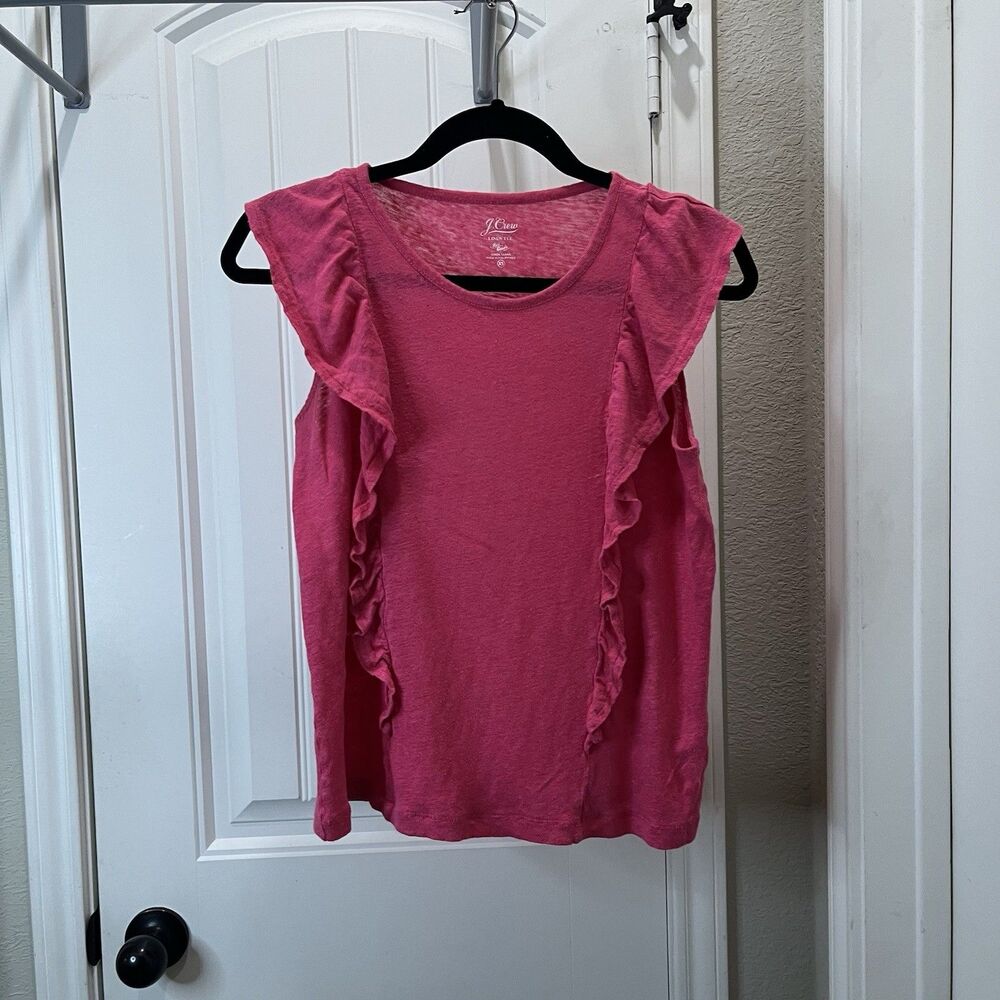 J. Crew Linen Tee Pink Ruffle Trim Sleeveless Top Blouse Beachy Preppy Womens XS